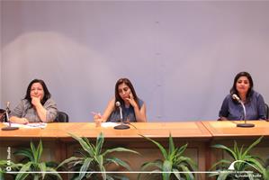 De gauche à droite : M<sup>me</sup> Hala El Mawy, Journaliste, présentratrice à la radio et experte en critique de cinéma, Mme Hala Galal et Dr Marwa El Sahn, Directrice du CAF