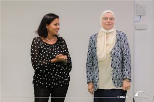 De gauche à droite : Dr Marwa El Sahn, Directrice du Centre d’Activités Francophones (CAF) et Dr Maali Tewfik Fouad, Maître de conférences, Centre d'Etudes Interdisciplinaires et de Culture (LACC), Université E-JUST<br /> 