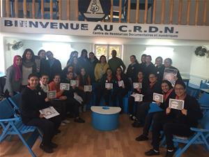  Groupe de participants avec au College de la Mère de Dieu avec M.Wilfried N'SONDE, écrivain et musicien congolais