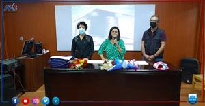 De gauche à droite : M<sup>me</sup> Valérie Gerbault, Déléguée Générale du Centre Méditerranéen de la Communication Audiovisuelle - CMCA, Dr Marwa El Sahn, Directrice du Centre d'Activites Francophones - CAF et M. Ahmed Nabil, Spécialiste du cinéma au Centre des Arts à la Bibliotheca Alexandrina