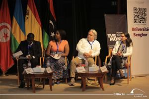 De gauche à droite : M. Siddiq Aboubakar Nondichao, Economiste-Statisticien, Expert en Management de projets et Coordonnateur Programme Alumni à l’Université Senghor à Alexandrie, Mme. Cynthia Budoromyi, PDG de Ricyland Group et Secrétaire Générale de Femmes Entrepreneures pour le Commerce Intra-africain, M. Samy Belaid, Professeur à l’EM Normandie et Chercheur au Laboratoire Métis et Mme. Racha Ramadan, Responsable du Bureau national, Agence Universitaire de la Francophonie (AUF), Égypte et Professeur associée d'économie à l'Université du Caire  