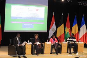 De gauche à droite : M. Ribio Nzeza, Directeur du Département Culture à l'Université Senghor, Madame Laila Bahaa El Din, Directrice Éxécutive de la fondation Kemet Boutros Ghali pour la paix et la connaissance, Madame Jeanne Hortense, Senior IT Directeur des Projets et Management des risques, Administratrice et Directrice du Pôle Formation chez Francophonie Sans Frontières et M. Erroce Yanclo, Auditeur en Master en Développement et Management de Projets à l’Université Senghor, Gestionnaire de projets et Écrivain<br /> 