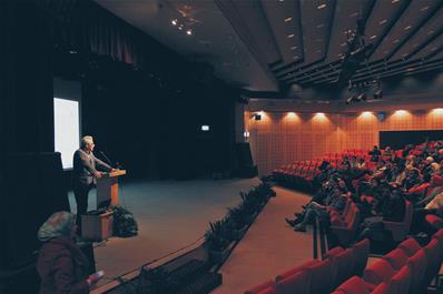 Participants attending a lecture by Dr. Rageh Dawood on Shadi Abdel-Salam film (Afaq) at Bibliotheca Alexandrina